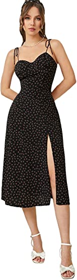 Women's Split Thigh Floral Print Ruched Spaghetti Strap Sleeveless Midi Dresses