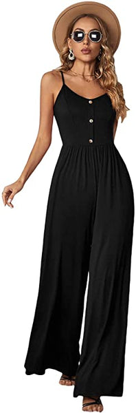 Women's Scoop Neck Sleeveless Button Down Wide Leg Cami Jumpsuit Playsuits