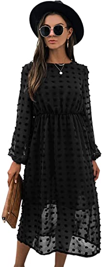 Women's Casual Dresses Long Sleeve High Waist Midi Dress Crewneck A Line Dress Swiss Dots Flowy Dresses