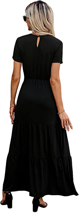 Women's Ruched High Waist Ruffle Round Neck Short Sleeve A line Maxi Dress
