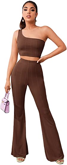 Women's 2 Piece Pants Outfits One Shoulder Crop Tank Top and Flare Pan –  Divahotcouture