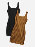 Women's 2pcs Sleeveless Solid Ribbed Knit Bodycon Pencil Tank Mini Dress