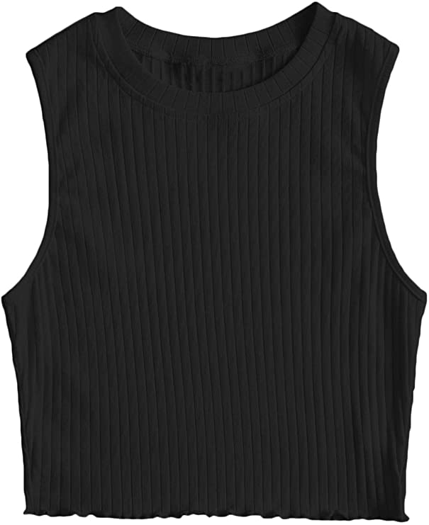 Women's Lettuce Trim Round Neck Sleeveless Rib Knit Crop Cami Tank Top