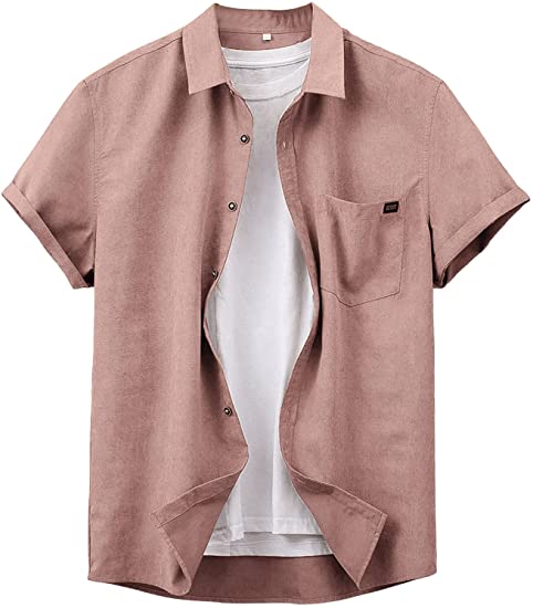Men's Casual Button Down Cuffed Short Sleeve Pocket Front Solid Shirt Tops