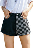 Women's Colorblock High Waist Roll Up Hem Straight Leg Denim Shorts