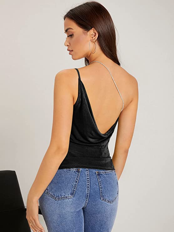 Women's One Shoulder Rinestone Chain Cami Crop Top Sleeveless Cowl Neck Camisole