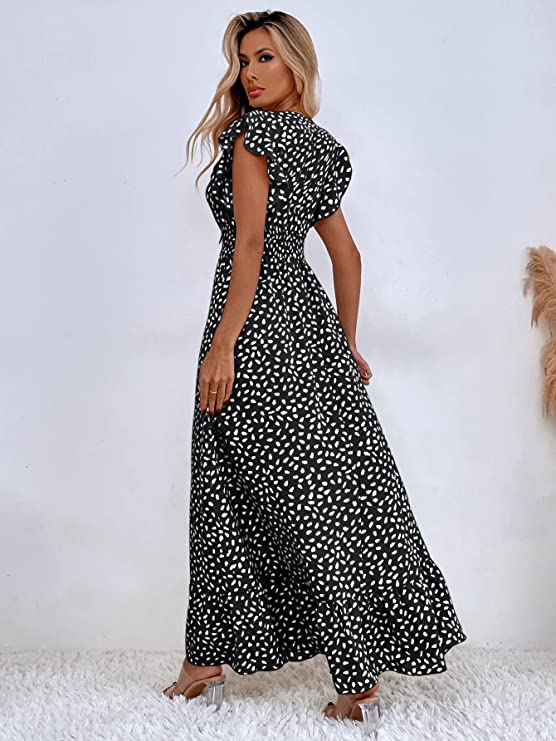 Women's Allover Print Shirred Ruffle A Line Maxi Dress Cap Sleeve Wrap V Neck Dresses