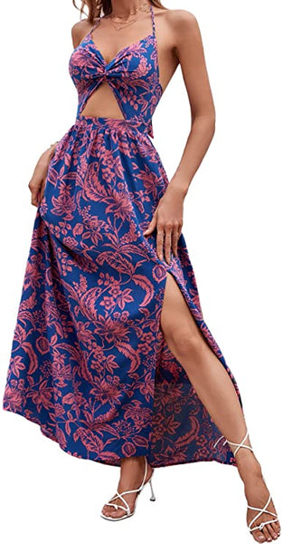 Women's Tropical Print Backless Cut Out Split Maxi Dress Twist Front Halter Neck