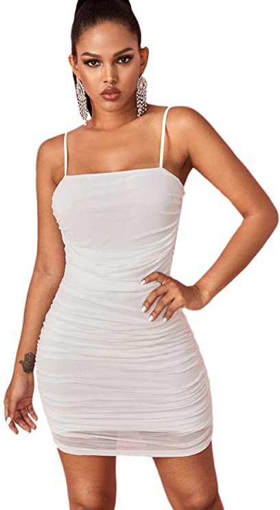 spaghetti strap mesh ruched bodycon dress