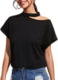 Women's Cut Out Short Sleeve Asymmetrical Neck Tee Shirts Top