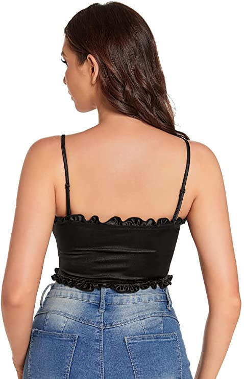 Women's Ruched Crop Cami Top Drawstring Strappy Self Tie Solid Camisole Tank Tops