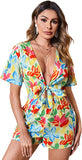 Women's Tropical Print Tie Front Romper Deep V Neck Short Sleeve Jumpsuit Playsuit