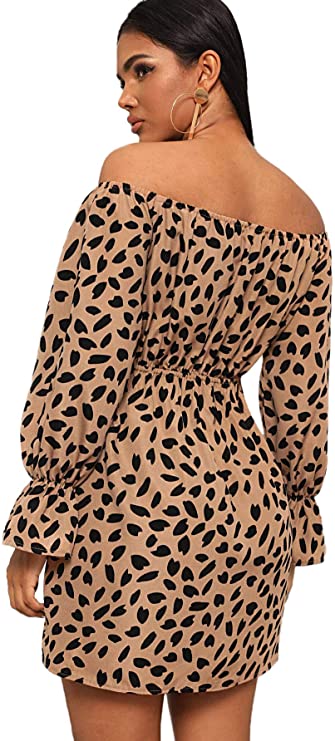 Women's Off Shoulder Lantern Long Sleeve Mini A Line Dress Ruffle Leopard Print Short Dresses