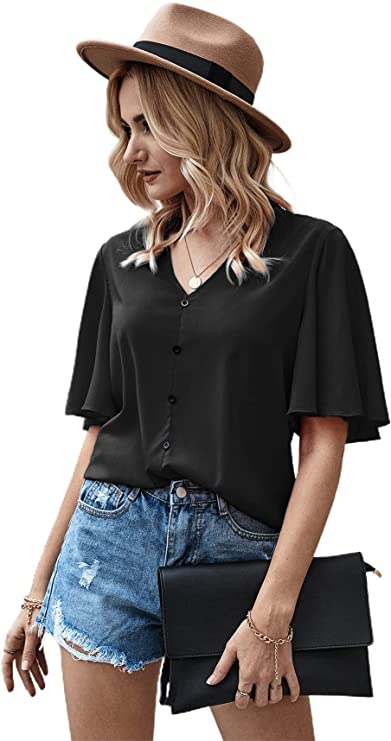 Women's Butterfly Sleeve Button Front V Neck Casual Blouse Tops