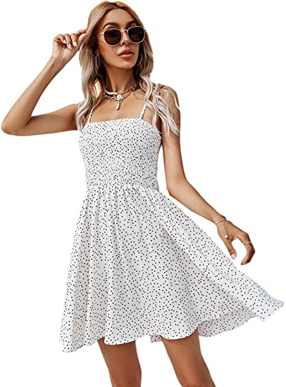 Women's Tie Shoulder Shirred A Line Mini Dress Sleeveless Polka Dot Skater Short Dresses
