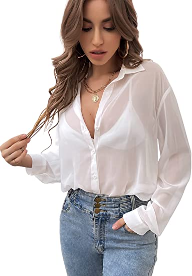Women's Sheer Button Down Top Long Sleeve Collar Drop Shoulder Blouse Shirt