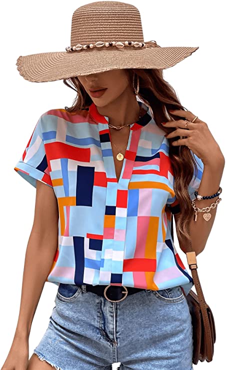 Women's Casual V Neck Batwing Sleeve Patchwork Workwear Shirt Blouse Tops