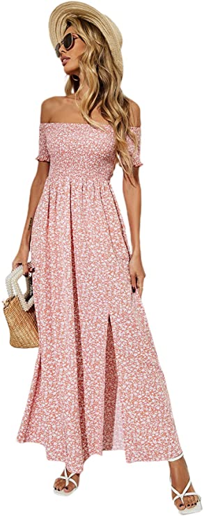 Women's Ditsy Floral Print Split Off Shoulder Short Sleeve Dress Thigh Divahotcouture Women's Ditsy Floral Print Split Off Shoulder Short Sleeve Dress Thigh Divahotcouture