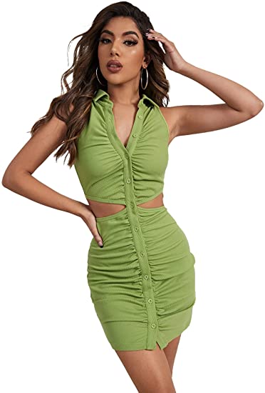 Women's Ruched Cutout Mini Dress V Neck Sleeveless Collar Button Down Bodycon Short Dress