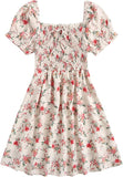 Women's Floral Puff Short Sleeve Flare Mini Dress Ruffle Drawstring Ruched Swing Short Dresses