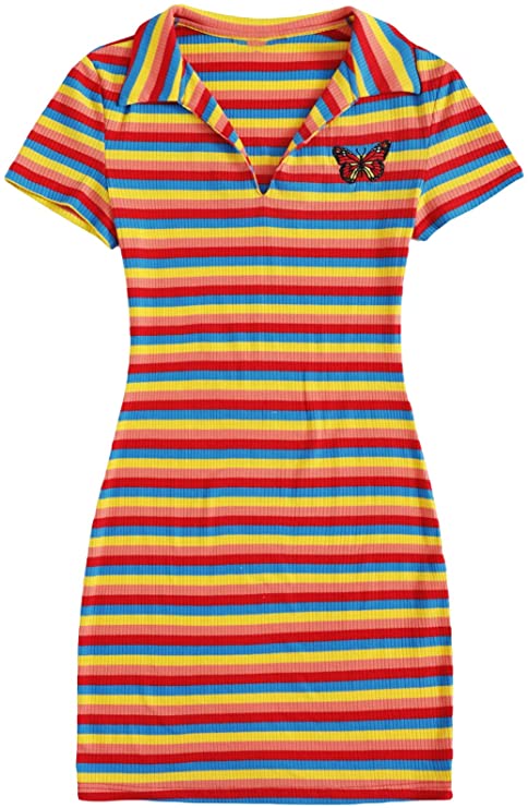 Women's Striped Embroidery V Neck Ribbed Knit Bodycon Mini Dress Rainbow Short Sleeve Collar T Shirt Dresses