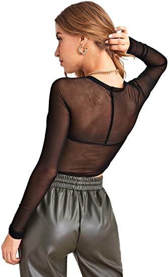 Women's Mesh Long Sleeve Bustier Crop Top Tees Sheer Sweetheart Neck T Shirts