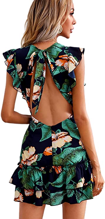 Women's Tropical Ruffle Hem Mini A Line Dress Short Sleeve V Neck Tie Backless Dresses