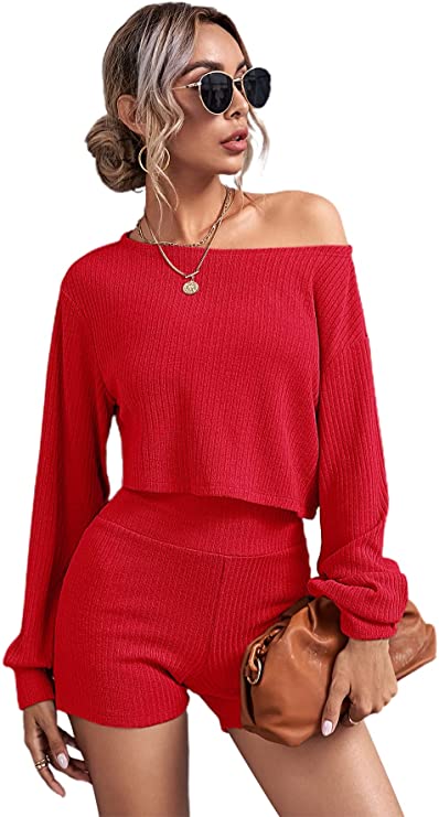 Women's Boat Neck Rib Knit Crop Top and High Waist Skinny Shorts Set