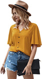 Women's Butterfly Sleeve Button Front V Neck Casual Blouse Tops