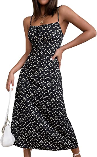 Women's Split Thigh Floral Print Ruched Spaghetti Strap Sleeveless Midi Dresses