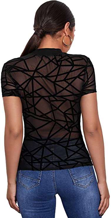 Women's Sheer Mesh Short Sleeve Tee Top Mock Neck Geo T Shirt
