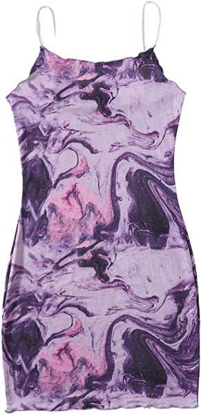 Women's Marble Print Sleeveless Mini Bodycon Dress Frill Pencil Short Dresses