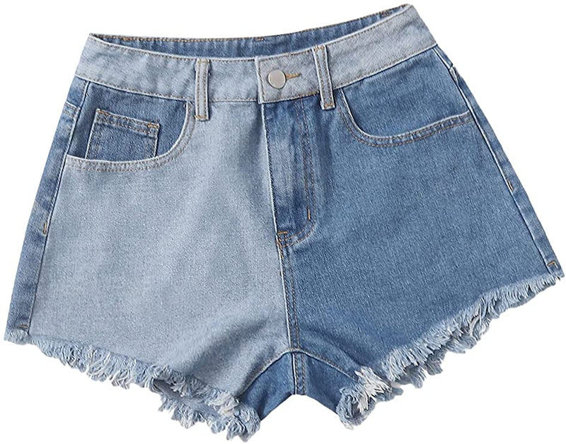 Girl's Color Block High Waisted Jean Shorts Straight Leg Raw Hem Denim Shorts