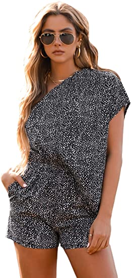 Women's One Shoulder Batwing Short Sleeve Romper High Waist Short Jumpsuit