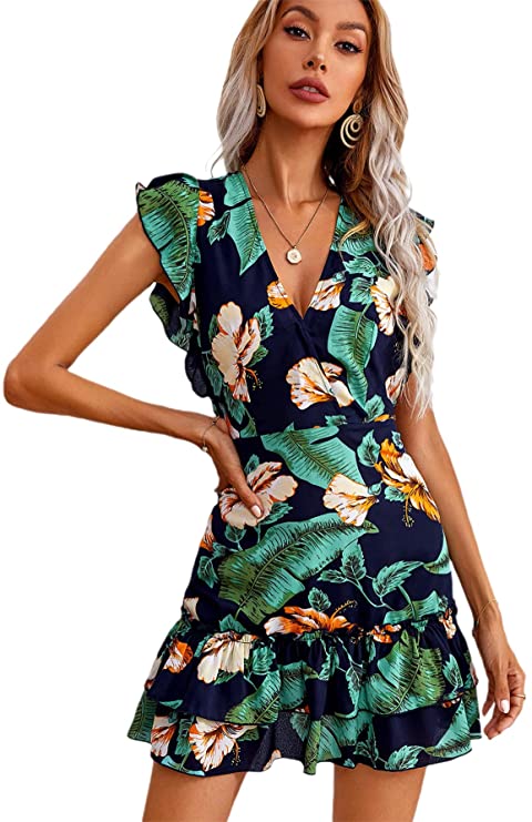 Women's Tropical Ruffle Hem Mini A Line Dress Short Sleeve V Neck Tie Backless Dresses