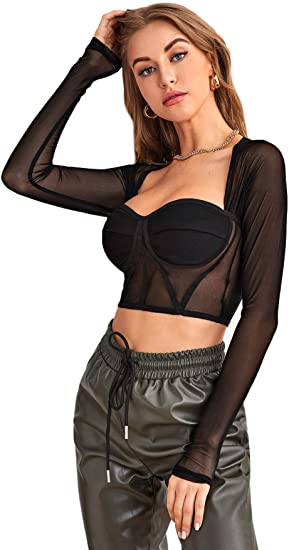 Women's Mesh Long Sleeve Bustier Crop Top Tees Sheer Sweetheart Neck T Shirts