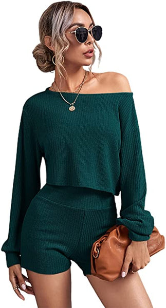 Women's Boat Neck Rib Knit Crop Top and High Waist Skinny Shorts Set