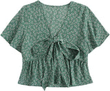 Women's Floral Tie Front Blouse Short Sleeve Ruffle V Neck Crop Top