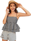 Women's Plaid Sleeveless Strappy Cami Tops Tiered Layer Ruffle Hem Camisole
