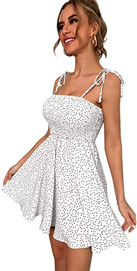 Women's Tie Shoulder Shirred A Line Mini Dress Sleeveless Polka Dot Skater Short Dresses