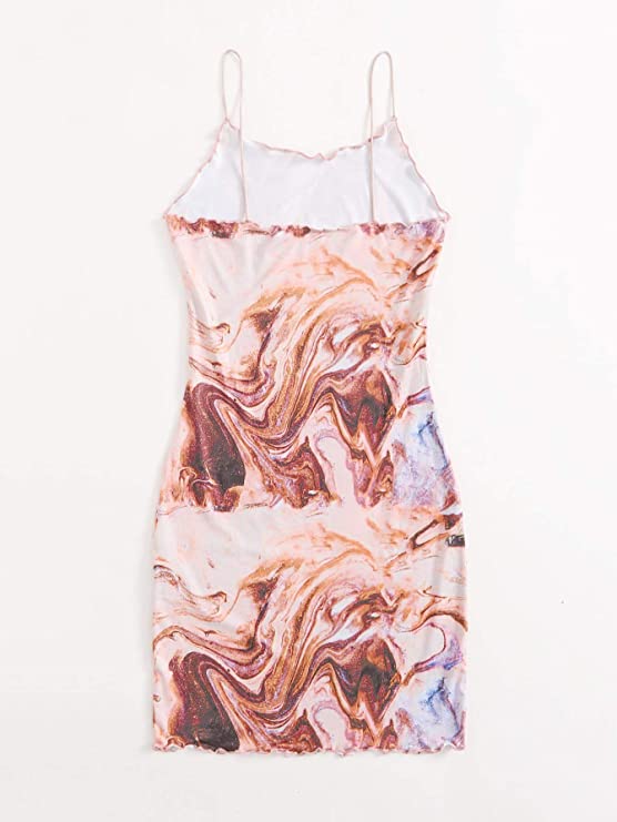 Women's Marble Print Sleeveless Mini Bodycon Dress Frill Pencil Short Dresses