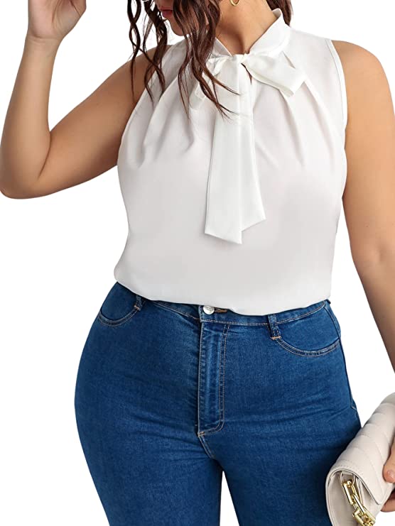 Women's Plus Tie Neck Solid Tank Top Sleeveless Casual Blouse Shirt