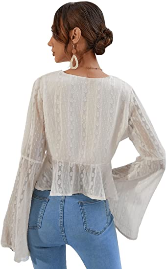 Women's Deep V Neck Sheer Mesh Blouses Long Sleeve Tie Front Peplum Crop Tops