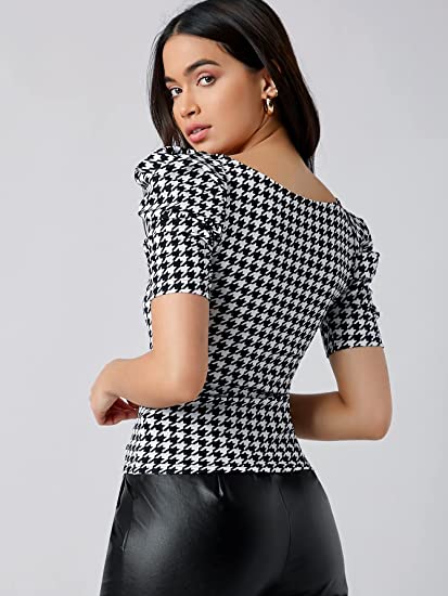 Women's Puff Short Sleeve Sweetheart Neck Houndstooth Print Tee Tops
