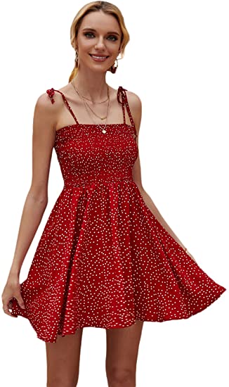Women's Tie Shoulder Shirred A Line Mini Dress Sleeveless Polka Dot Skater Short Dresses