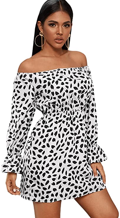Women's Off Shoulder Lantern Long Sleeve Mini A Line Dress Ruffle Leop – Divahotcouture Women's Off Shoulder Lantern Long Sleeve Mini A Line Dress Ruffle Leop – Divahotcouture