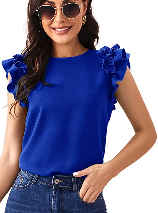 Women's Casual Round Neck Ruffles Solid Top Cap Sleeve Keyhole Back Blouse