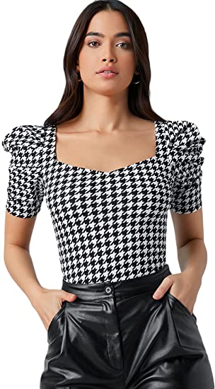 Women's Puff Short Sleeve Sweetheart Neck Houndstooth Print Tee Tops