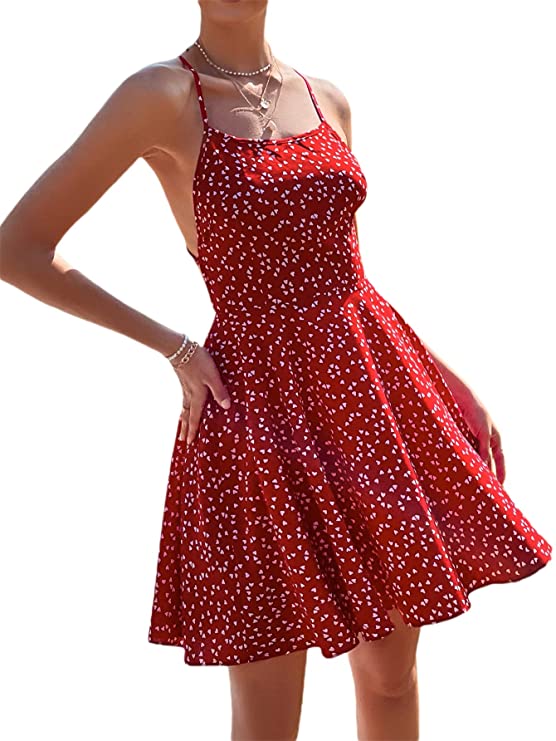 Women's Tie Open Back Sleeveless A Line Flare Short Mini Halter Dress