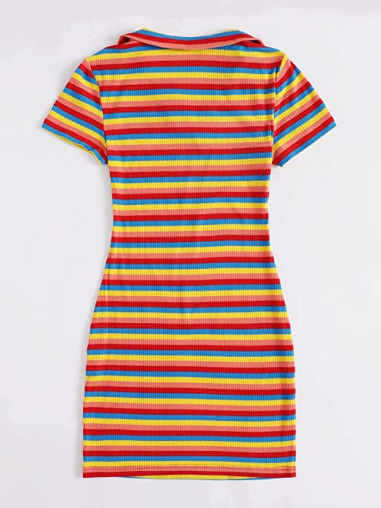 Women's Striped Embroidery V Neck Ribbed Knit Bodycon Mini Dress Rainbow Short Sleeve Collar T Shirt Dresses